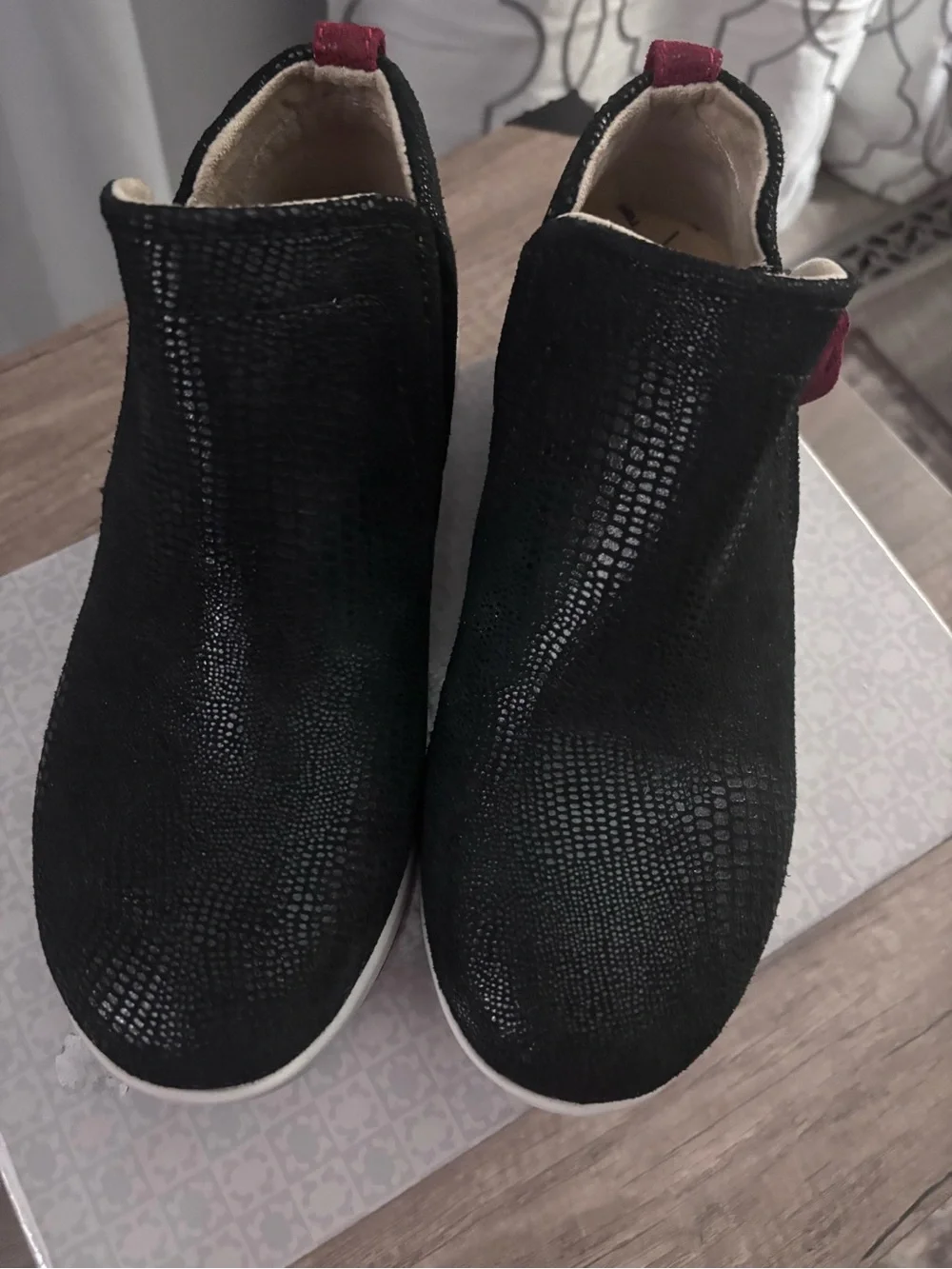 Reverse Black Slip-On Ankle Booties with Pink Pull Tabs